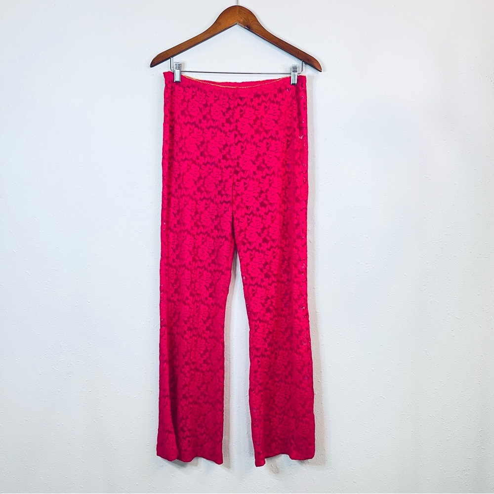 Free People All Day Lace Women’s Fuchsia Sheer Flare Coquette Pants Sz L NEW